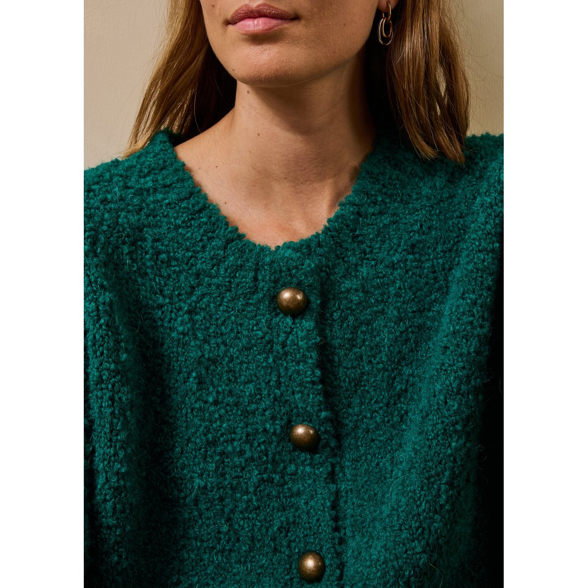 Gilet en maille bouclette col rond emeraude, LA FEE MARABOUTEE