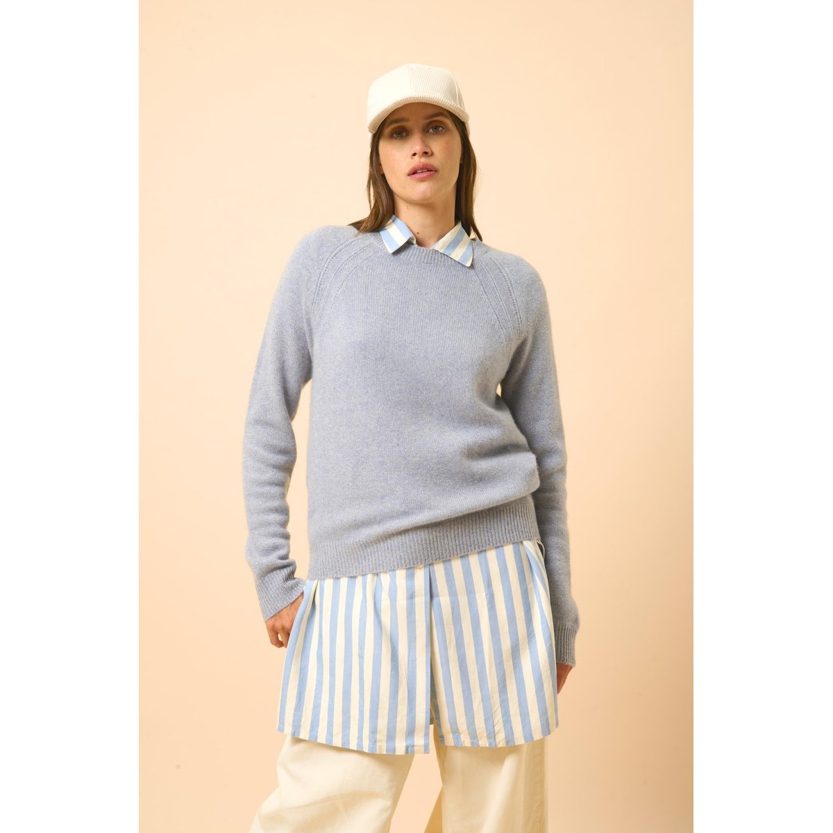 Pull Col Rond 4 Fils Bleu Ivoire Arequipa bleu blanc, JUST CASHMERE