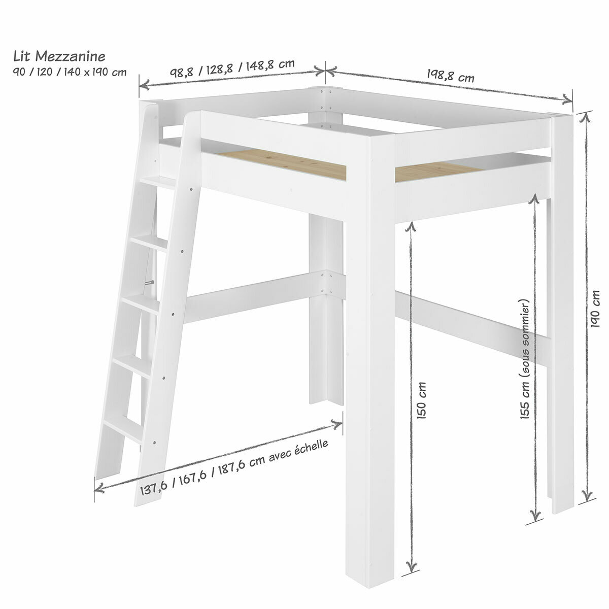 Pack lit mezzanine 2 places avec bureau et matelas Bois massif LEE blanc, AKITEN RETAIL