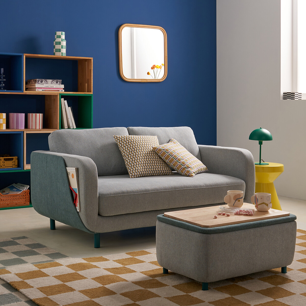 Pufe 3 em 1, assento, arrumação e mesa de centro, Jimba cinzento/azul, LA REDOUTE INTERIEURS