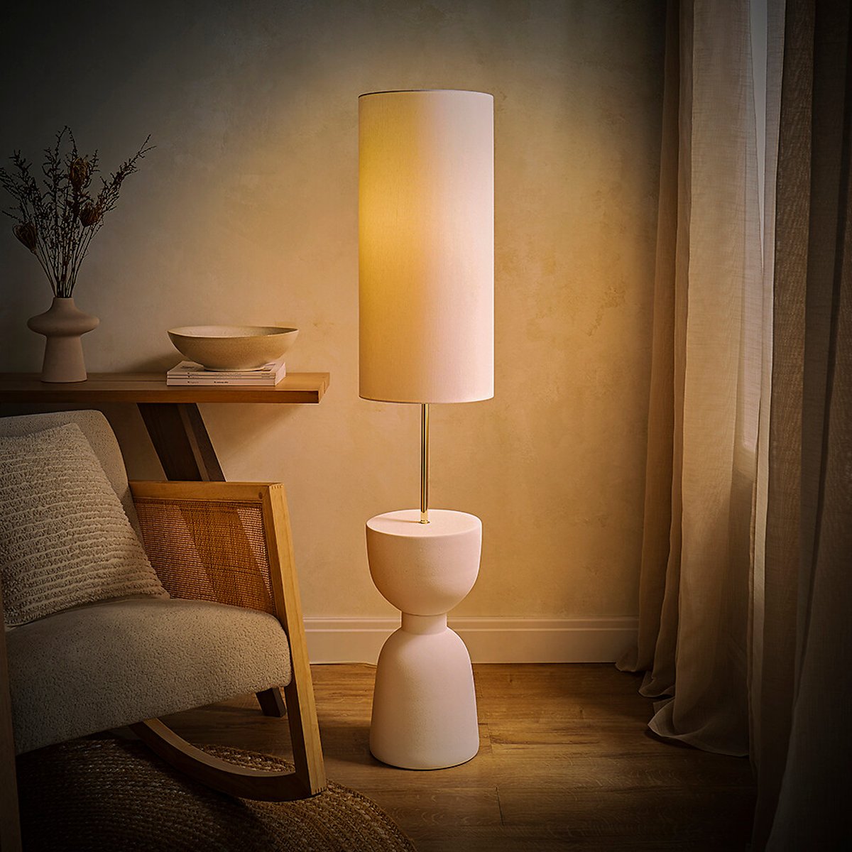 Emmie Totem Table Base Floor Lamp with Tall Linen Shade cream, SO'HOME