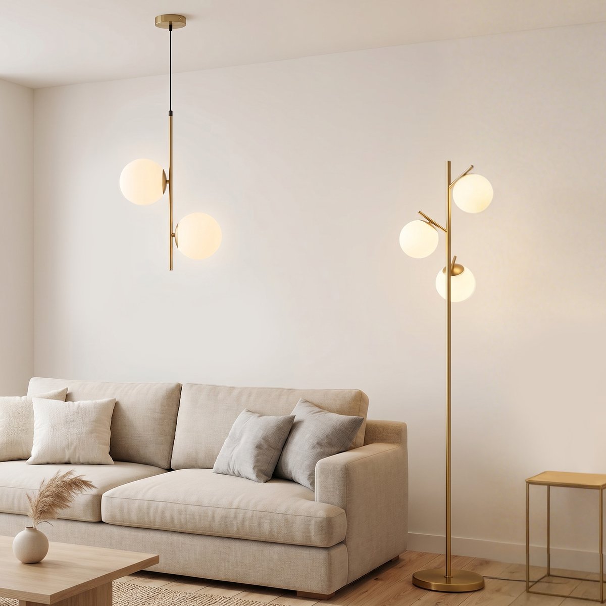 Lampadaire + suspension Métal Or doré, blanc, HOMCOM