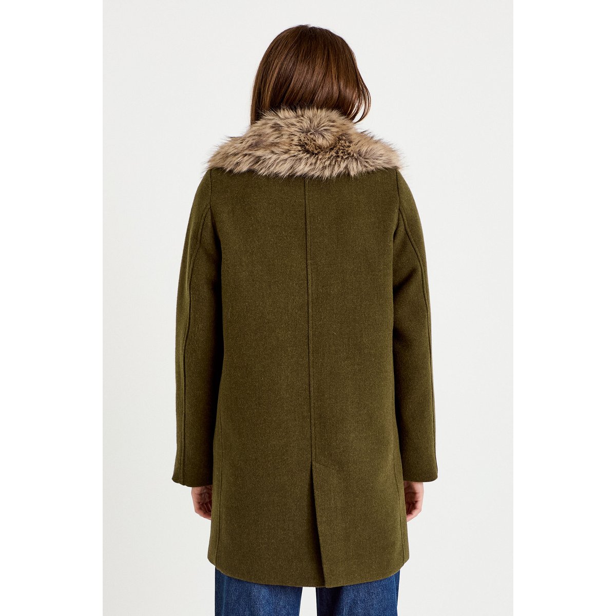 Manteau droit mi-long col tailleur vert kaki, CACHE CACHE