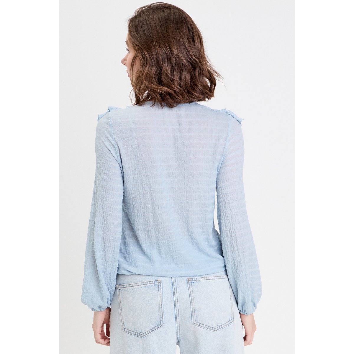 Blouse manches longues aspect dentelle bleu clair, CACHE CACHE