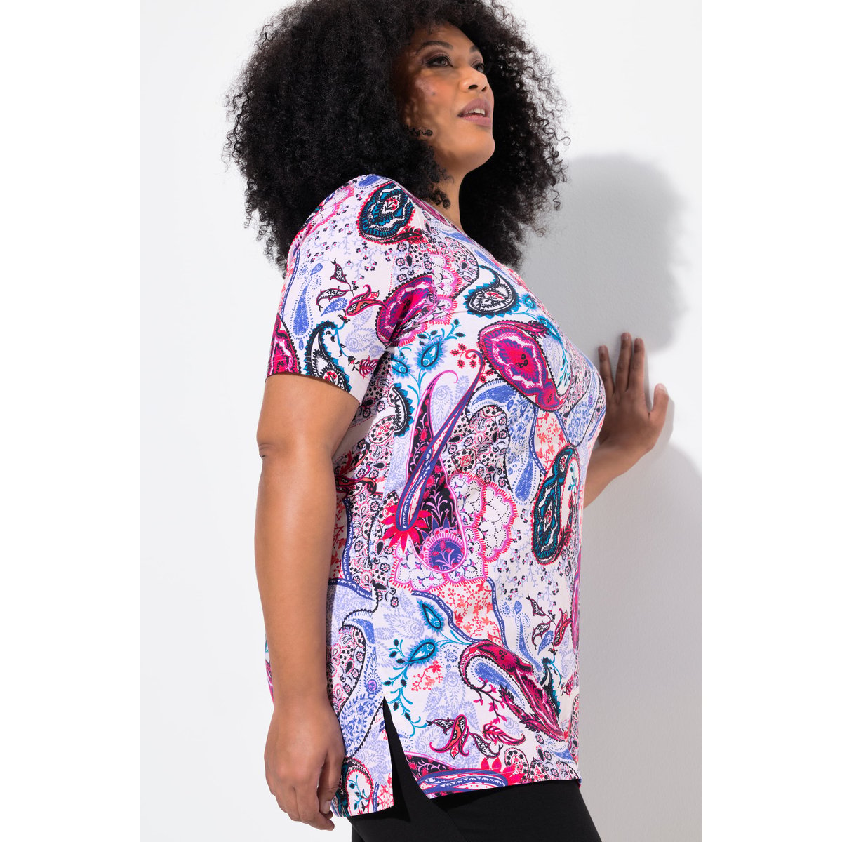 T-shirt long motif cachemire bleu moyen, ULLA POPKEN