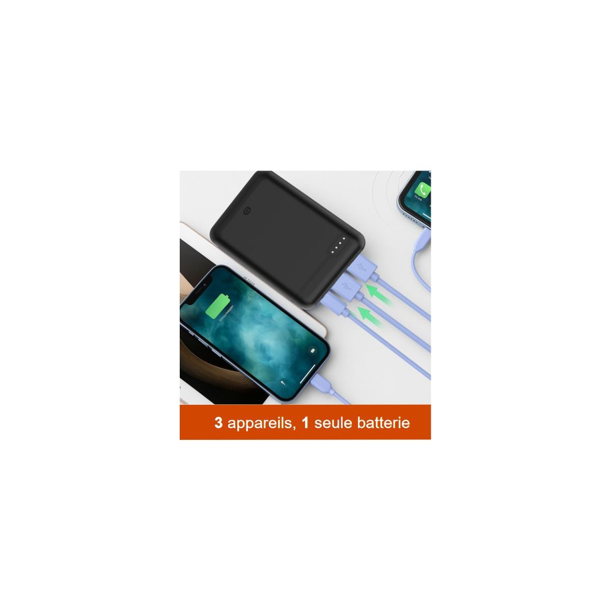 Batterie externe PowerBank 10000 MAH USBC NOIR compatible iPhone 16 15 14 13 12 Pro Max Samsung iPad Pro couleur unique, ESSENTIEL B