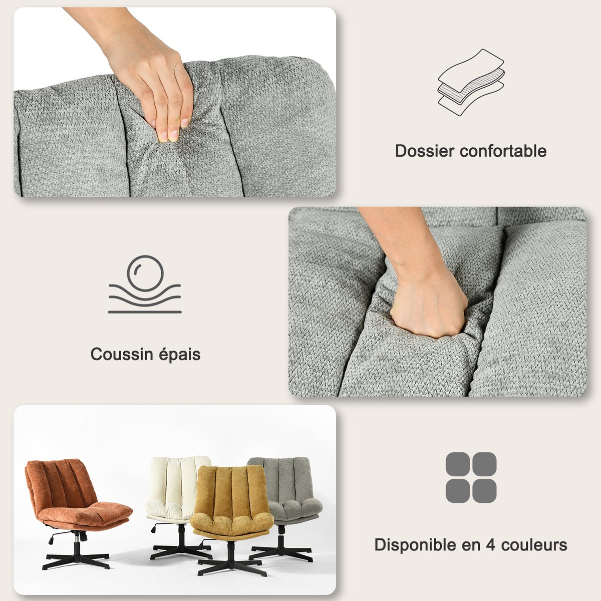 Chaise de bureau réglable et rotatif en chenille, CONFODO gris, MEUBLES COSY
