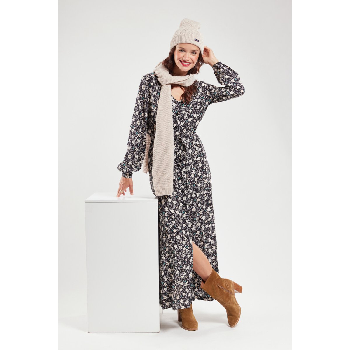 Robe longue fleurie en cupro imprimé champêtre noir, ARMOR-LUX