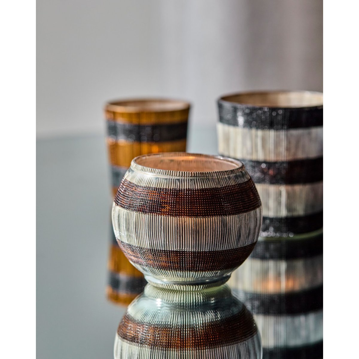 Lot de 2 photophores Stripe 9x7 cm finition argentée, marron, HOUSE DOCTOR