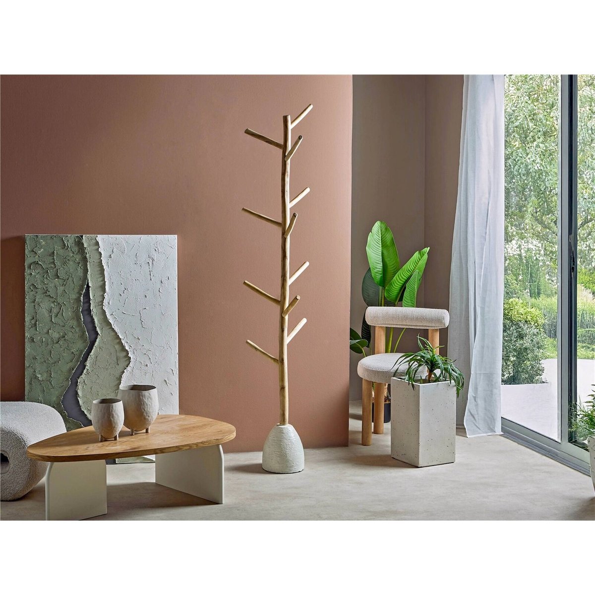 Porte-manteau en bois, forme branche bois naturel et base beige clair, RECOLLECTION