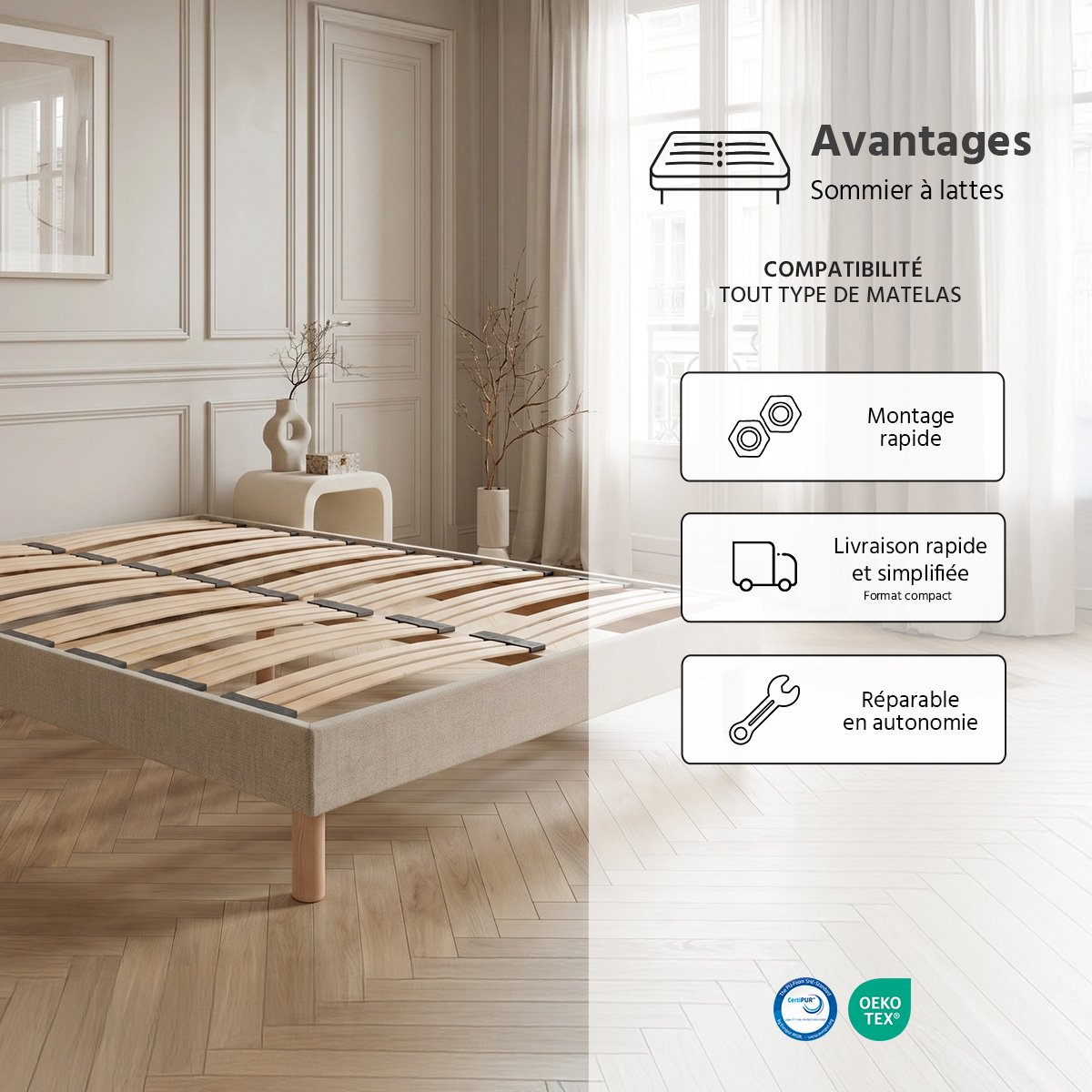 Sommier à lattes en bois Lino 90x190 cm Coloris Beige Livré en kit beige, BELLECOUR