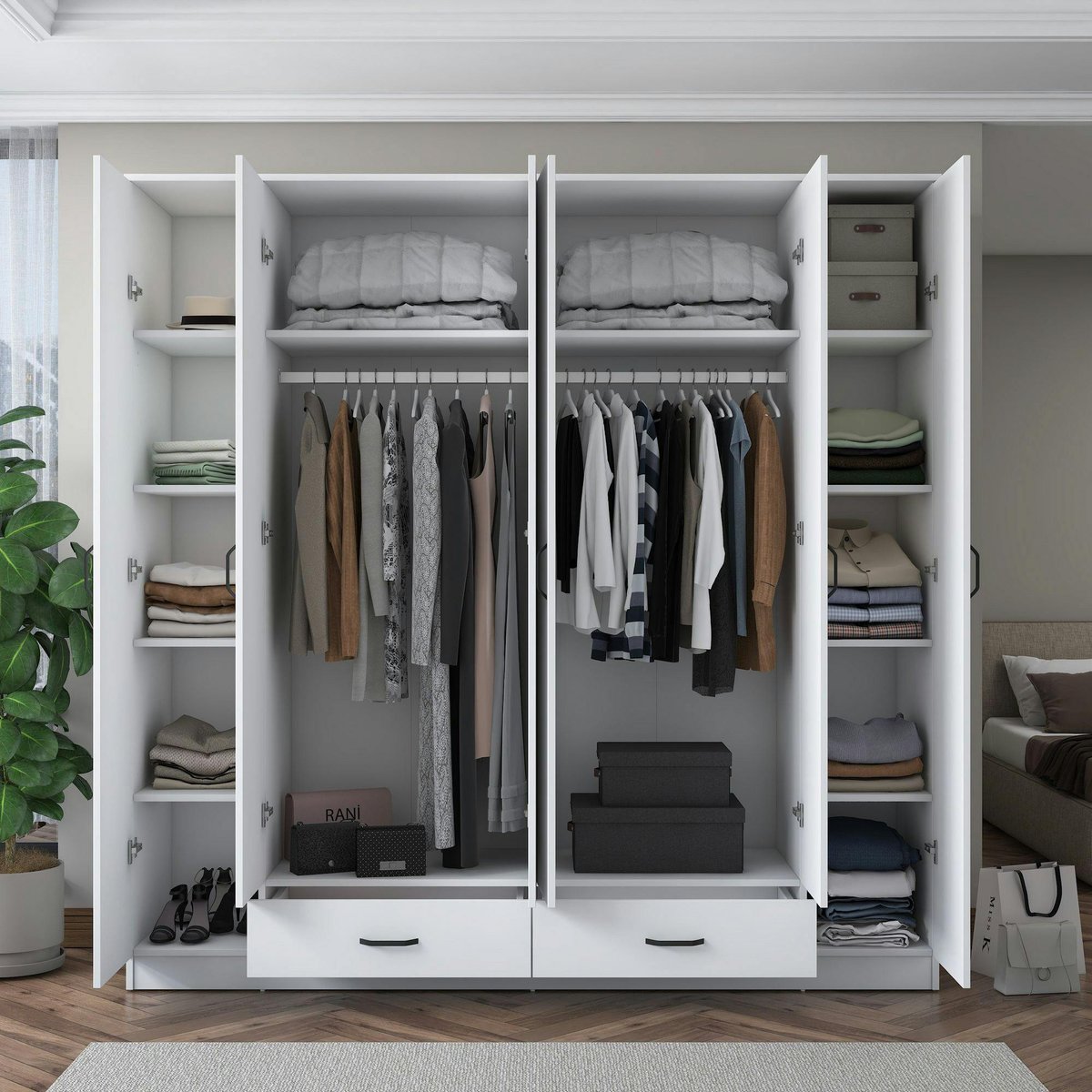 Armoire penderie blanche 6 portes 2 tiroirs BYRON blanc, PIER IMPORT