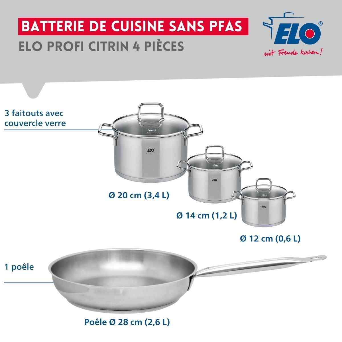 Batterie 1 poêle 28cm + 3 faitouts 12/14/20cm PROFI CITRIN inox, ELO