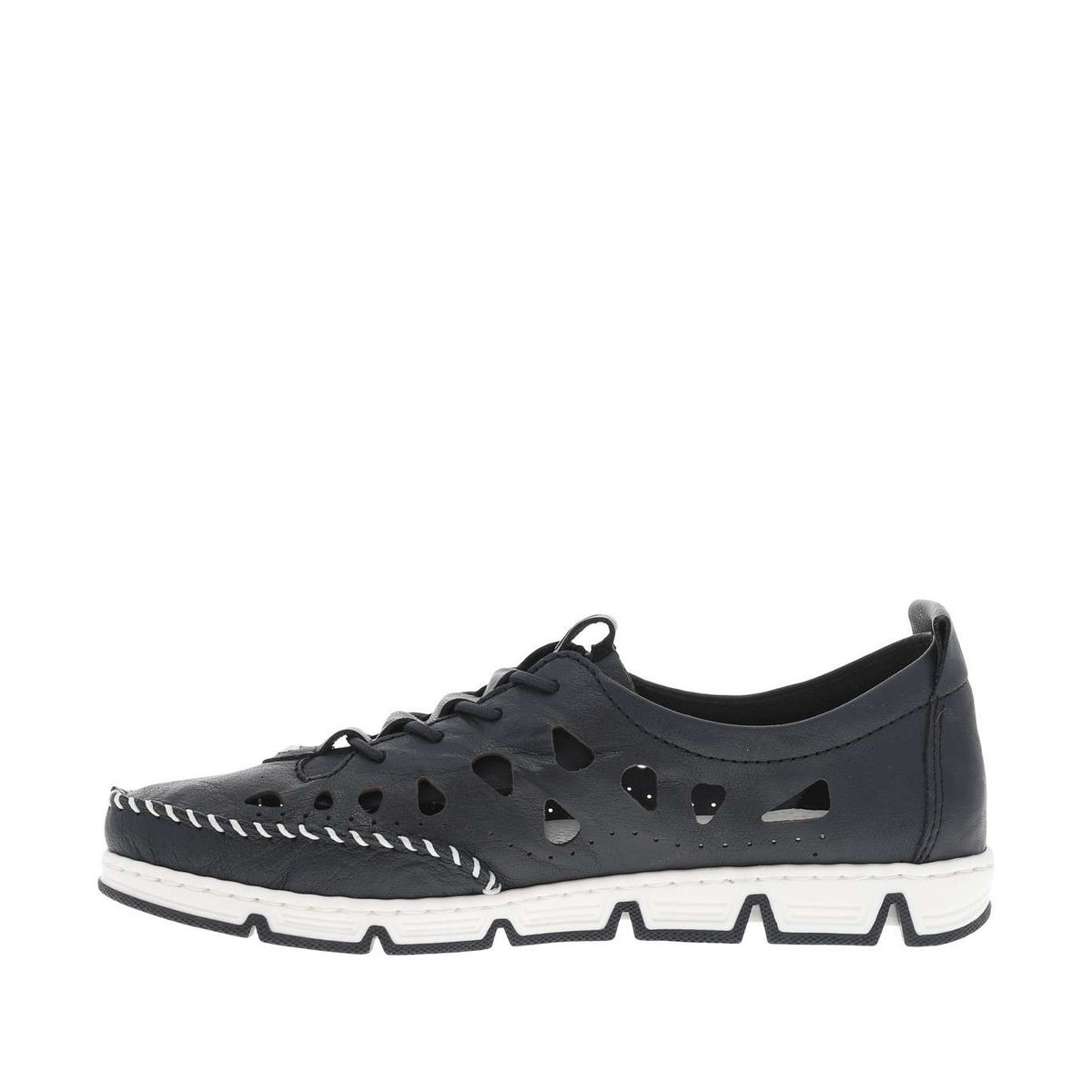Sneakers en cuir bleues marine ajourées à semelle plate et à fermeture slip-on marine, RIEKER