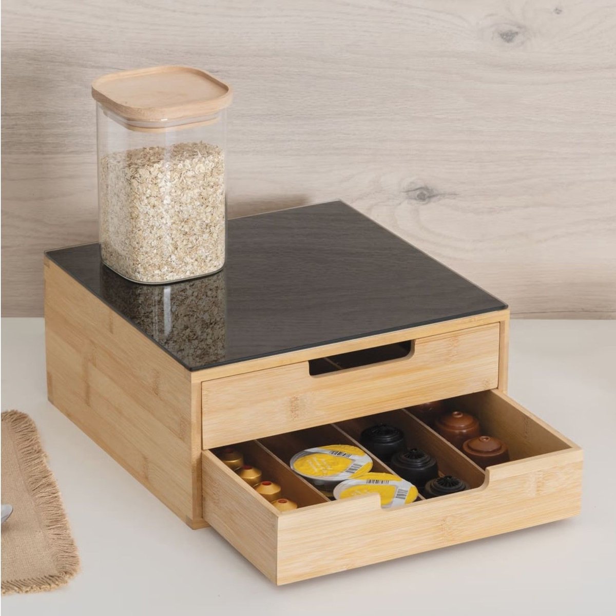 Porte-capsules 2 tiroirs avec séparations modulables beige, ATMOSPHERA