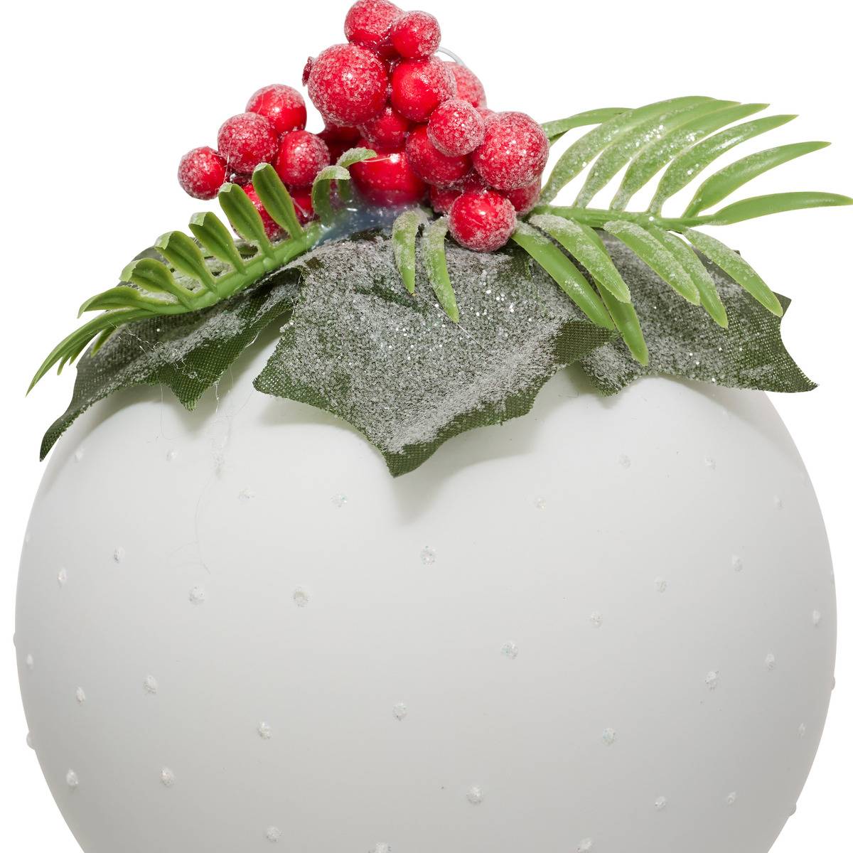 Boule verre décor houx D.10 cm blanc, FEERIC LIGHTS & CHRISTMAS