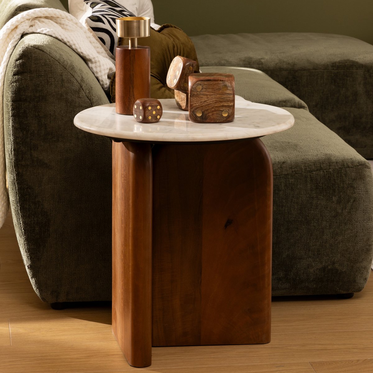 Table d'appoint ronde marbre et bois d'acacia massif NANDA blanc, ATMOSPHERA