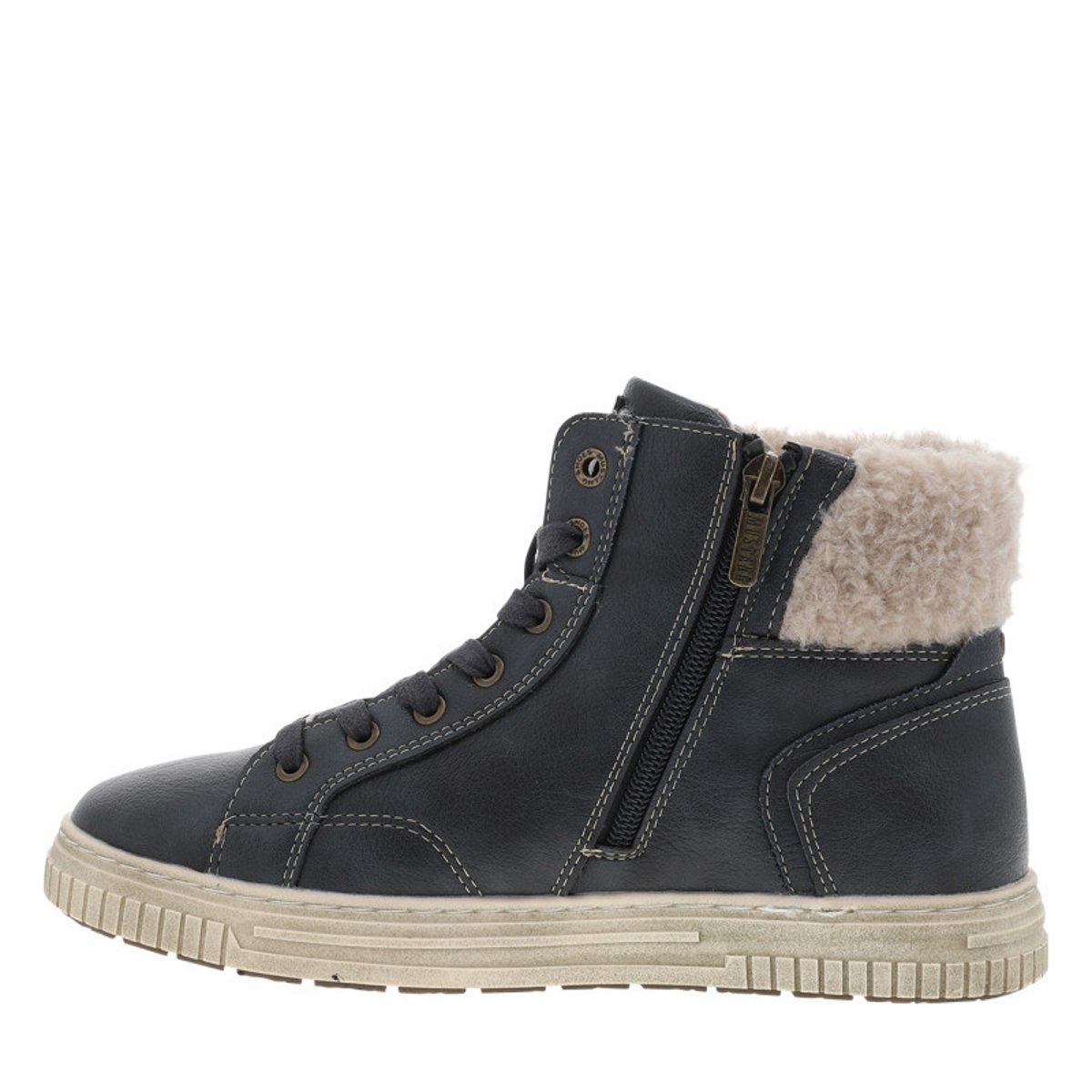 Tennis bleu marine à talon plat pourvues de lacets et d'un zip latéral bleu foncé, MUSTANG