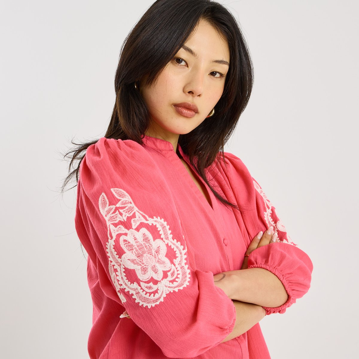 Chemise fluide broderies florales rose, GRAIN DE MALICE