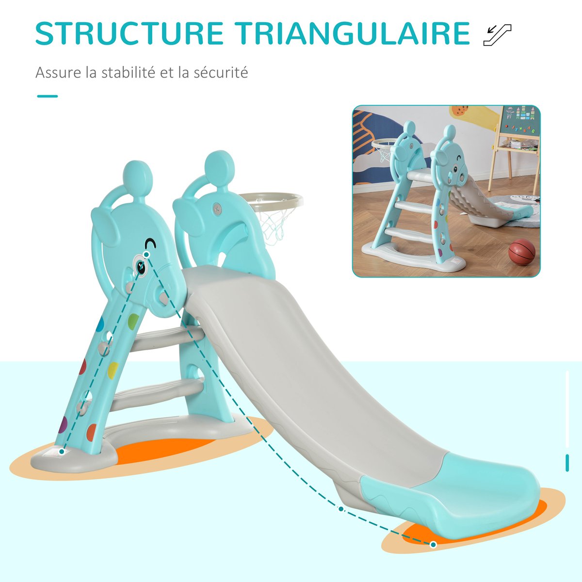 Toboggan enfant avec panier basket bleu, HOMCOM