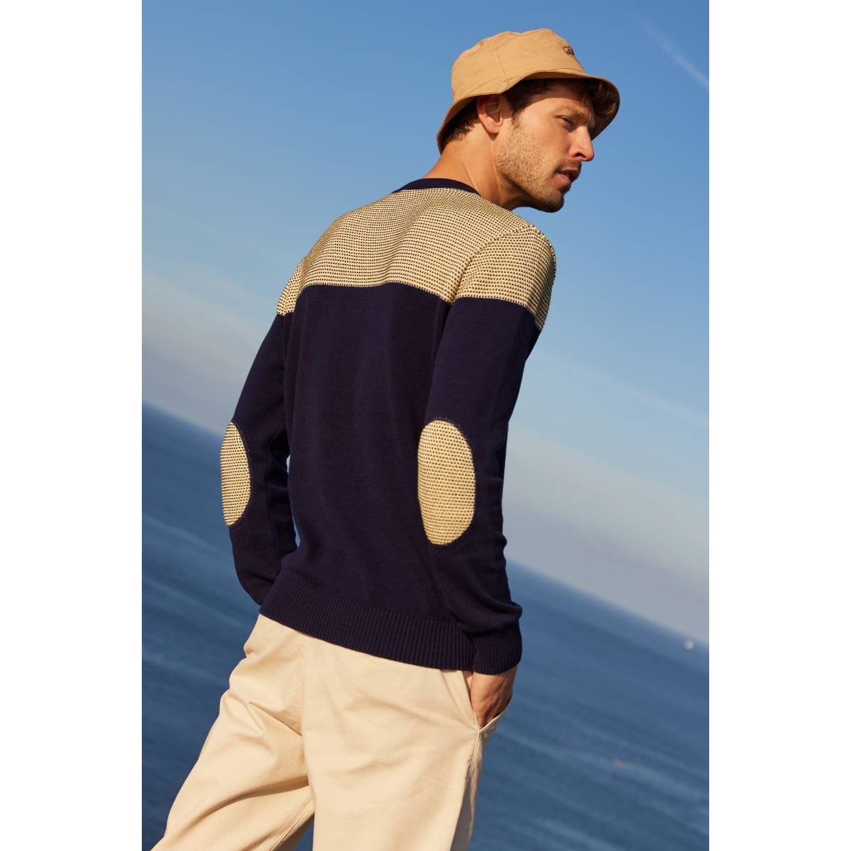 Pull avec coudières en coton marine deep/blanc/samoan s, ARMOR-LUX