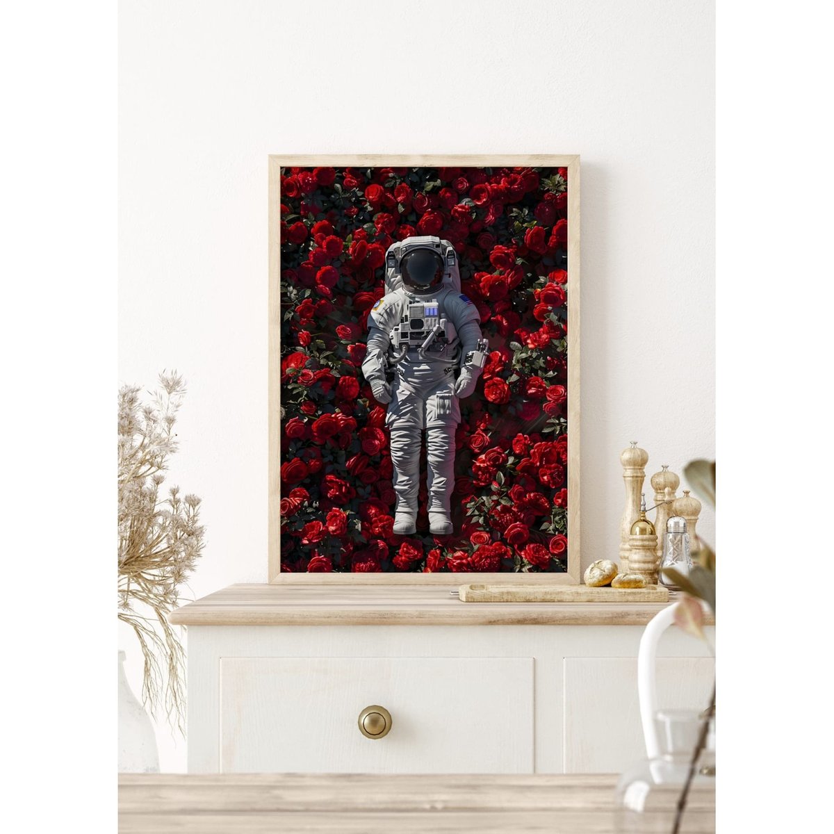 Affiche Astronaute parmi les Roses blanc, L'AFFICHERIE