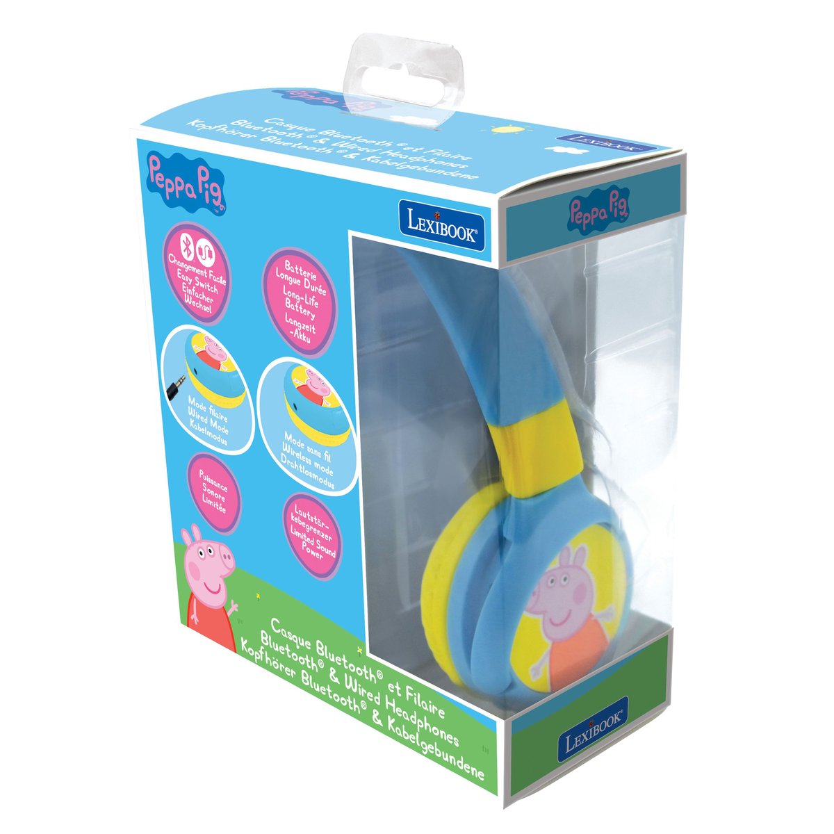 Casque 2 en 1 Peppa Pig Bluetooth et Filaire confortable et pliable avec limitation de son bleu, LEXIBOOK