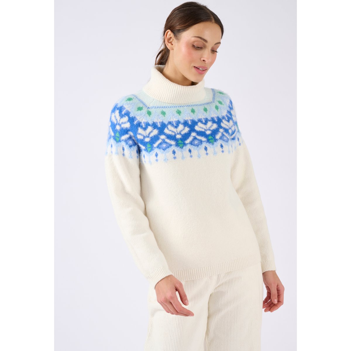 Pull jacquard col roulé Thermolactyl bleu jacquard, DAMART