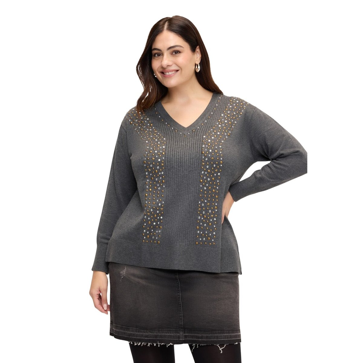 Pull avec appliqués bijoux gris, FIORELLA RUBINO