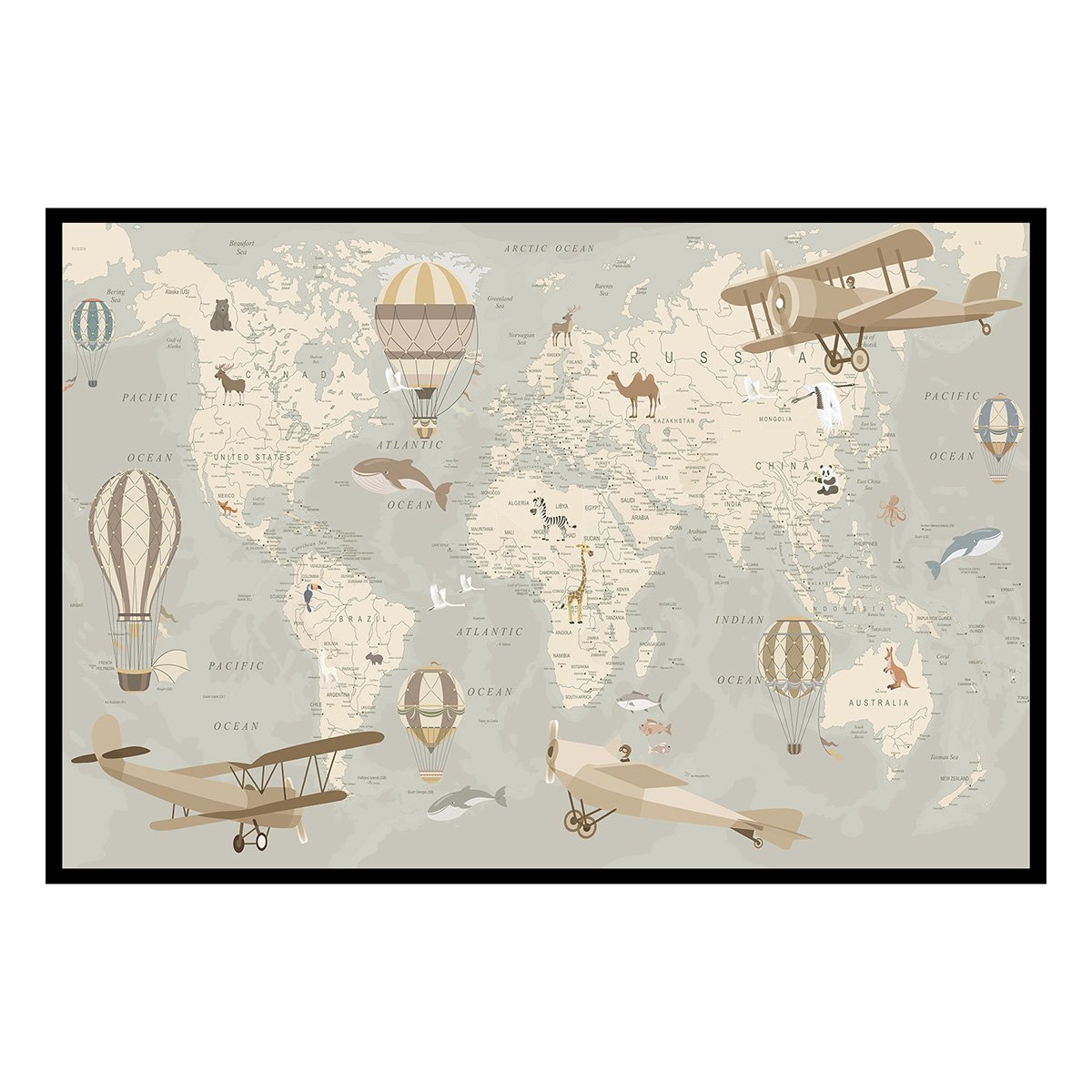 Affiche encadrée carte du monde animaux beige affiche + cadre en métal - noir, HEXOA