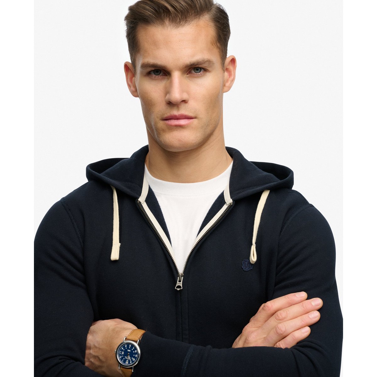 Sweat à capuche zippé Monogram brodé bleu marine foncé, SUPERDRY