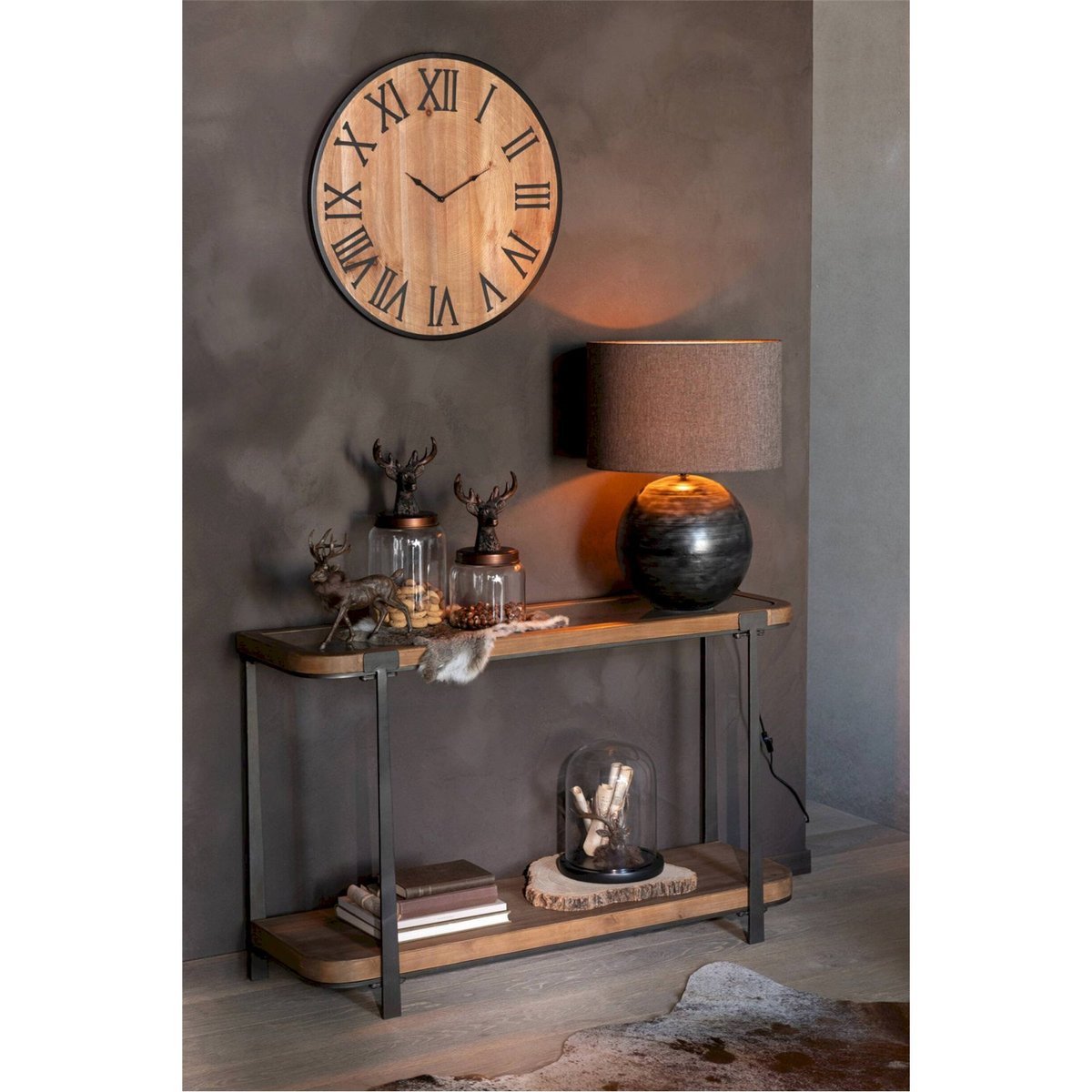 Horloge murale en bois esprit atelier naturel et noir, RECOLLECTION