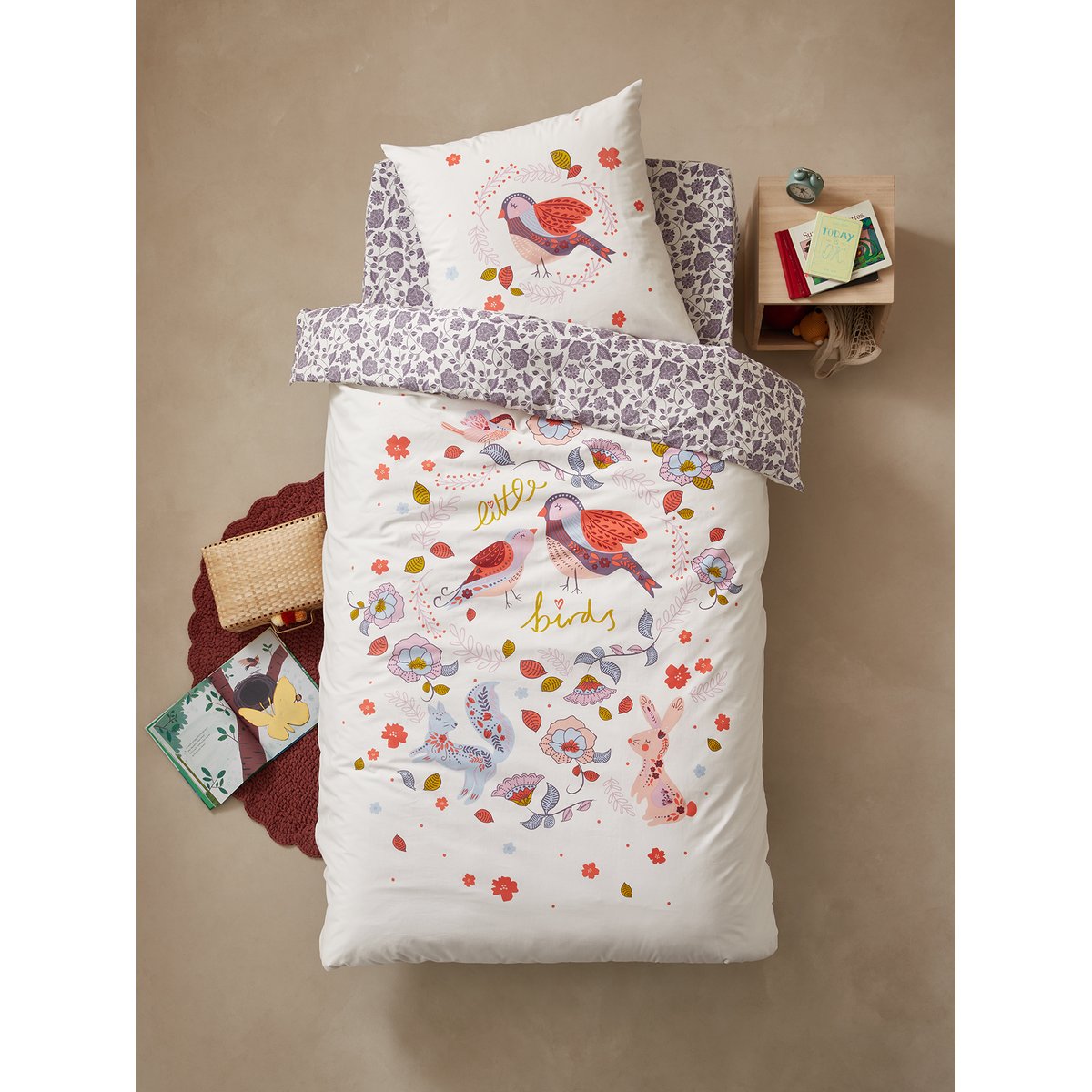Parure housse de couette + taie d'oreiller NORTH FOLK blanc imprimé, VERTBAUDET