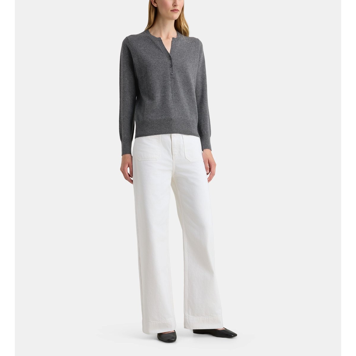 Pull droit fanfan col rond découpe v cachemire gris foncé, GALERIES LAFAYETTE