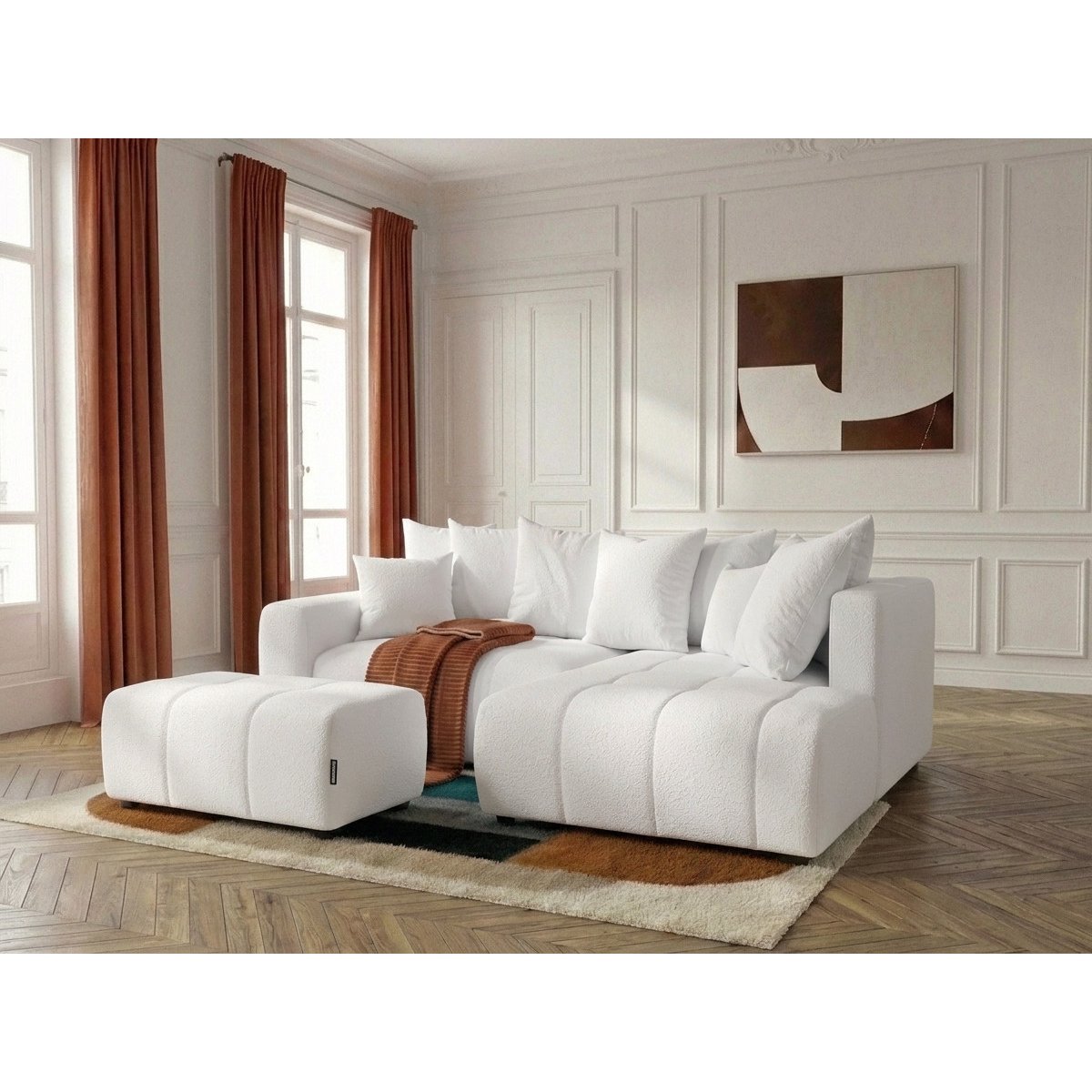 Canapé d'angle convertible 4 places en tissu bouclette avec pouf, ROXELANE blanc, BOBOCHIC