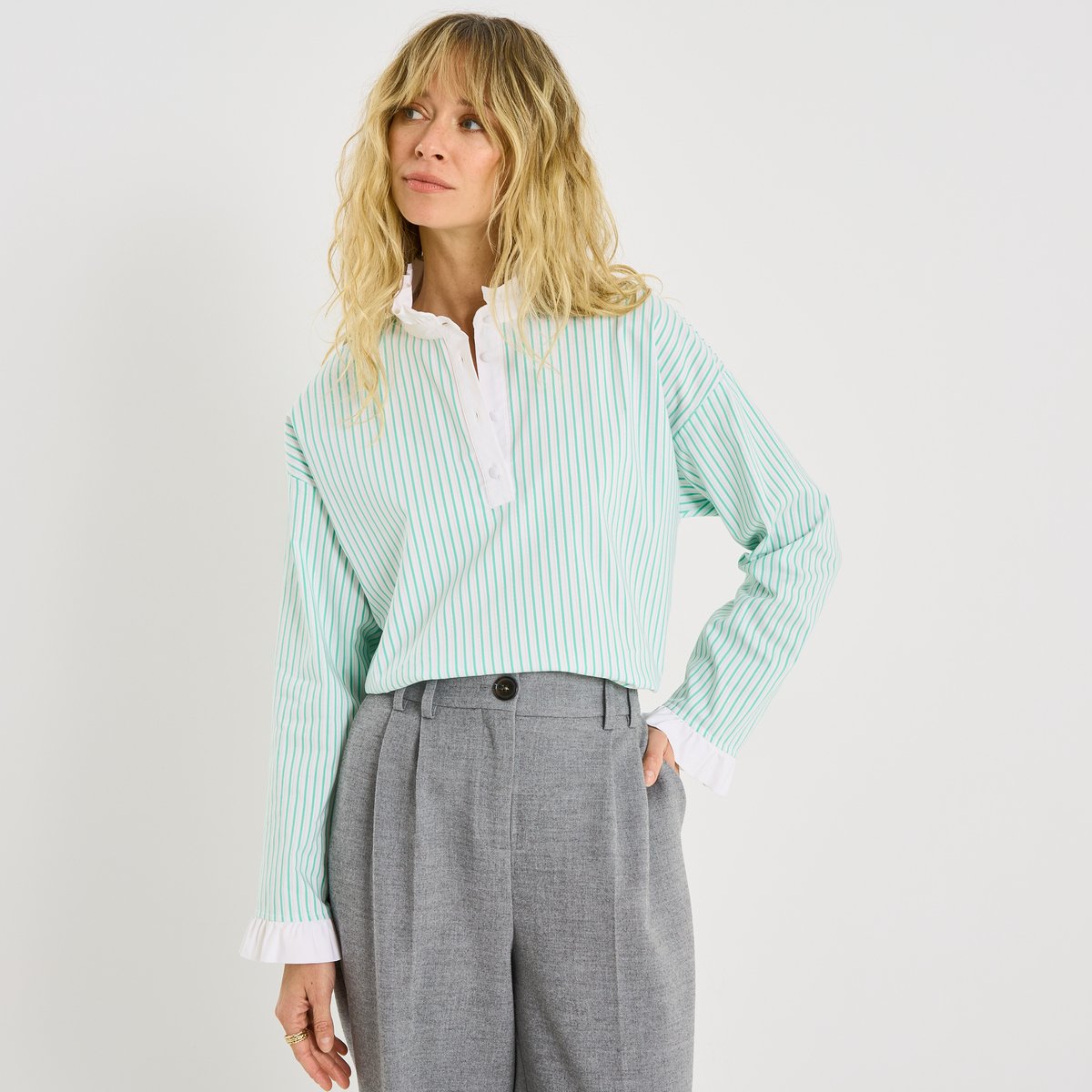 Blouse rayée à col montant volanté vert, GRAIN DE MALICE