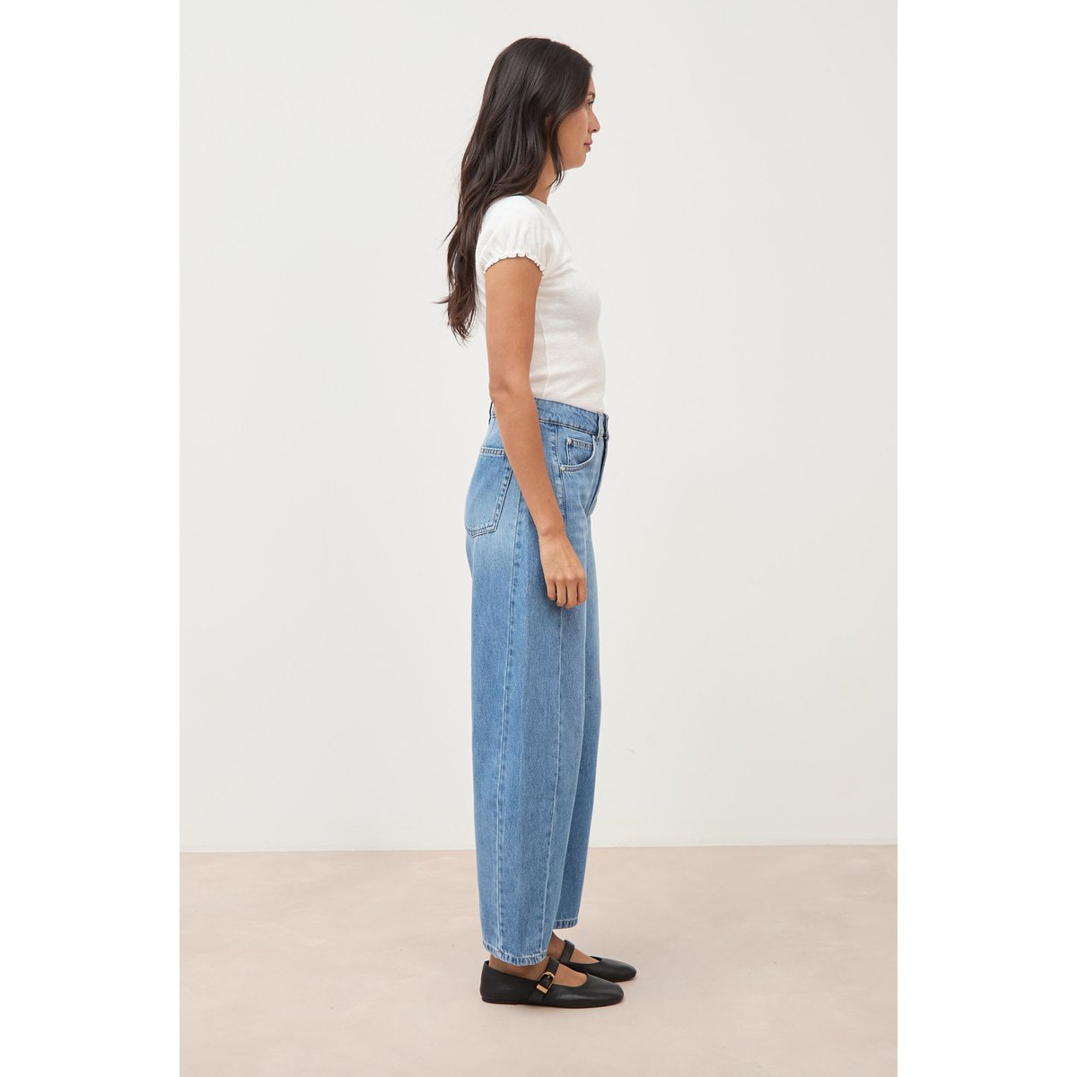 Jeans barrel taille haute broderie denim used, BONOBO