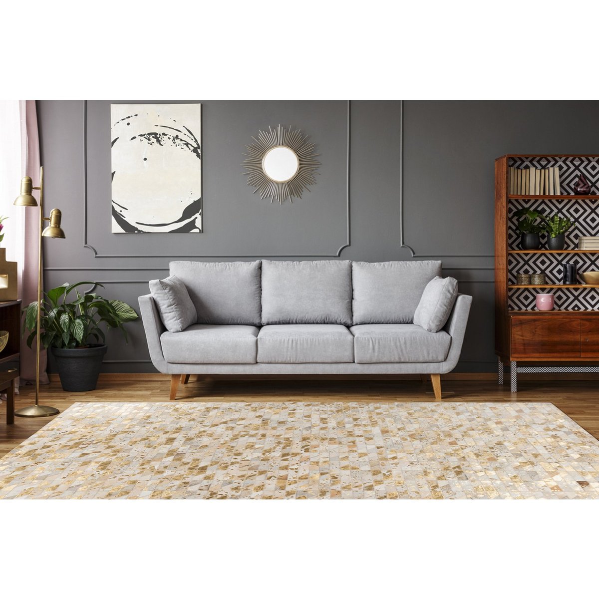 Tapis rectangulaire en cuir Lavin 725 doré / multicolore, RECOLLECTION