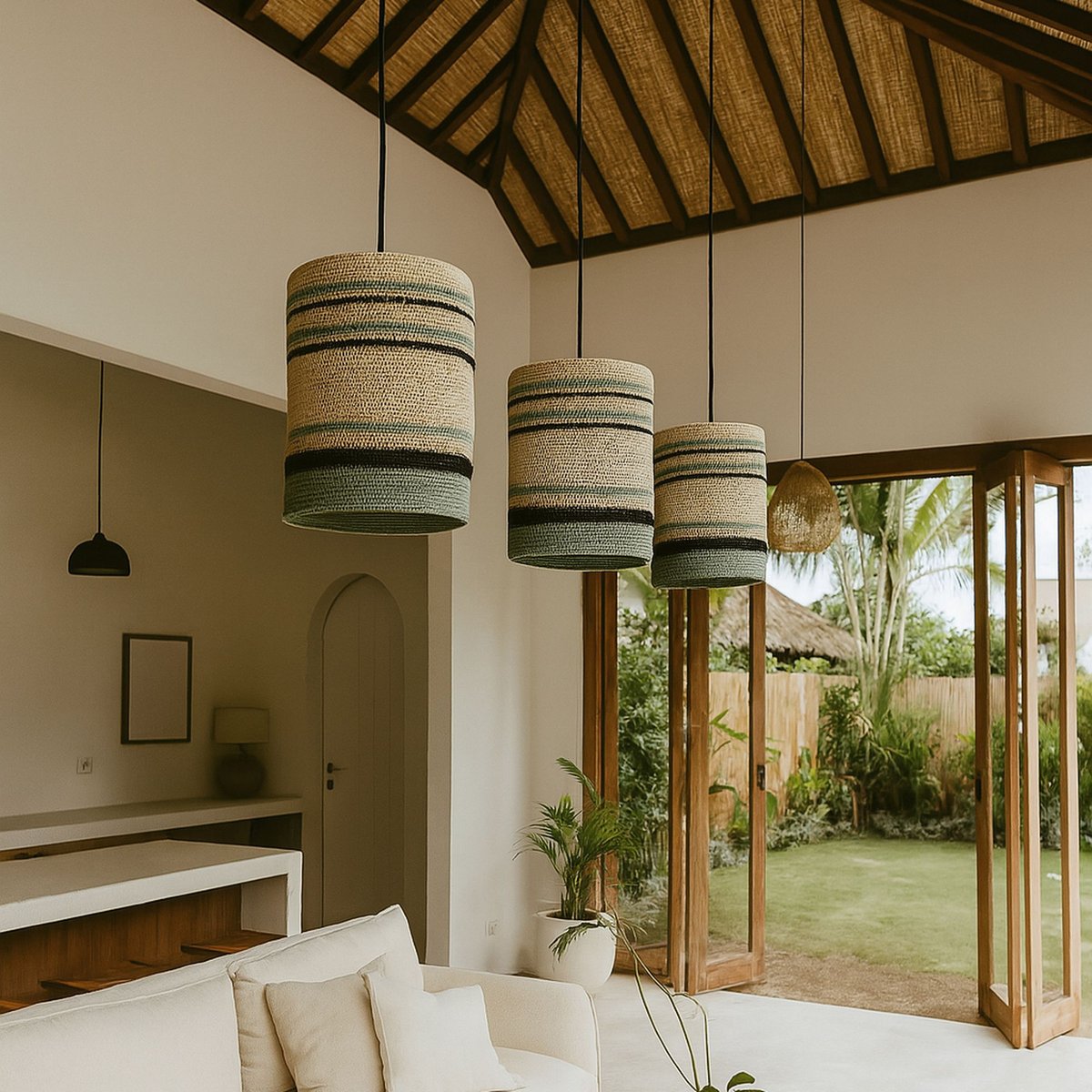 Suspension en jonc de mer, BARBADE naturel-vert, NOW'S HOME
