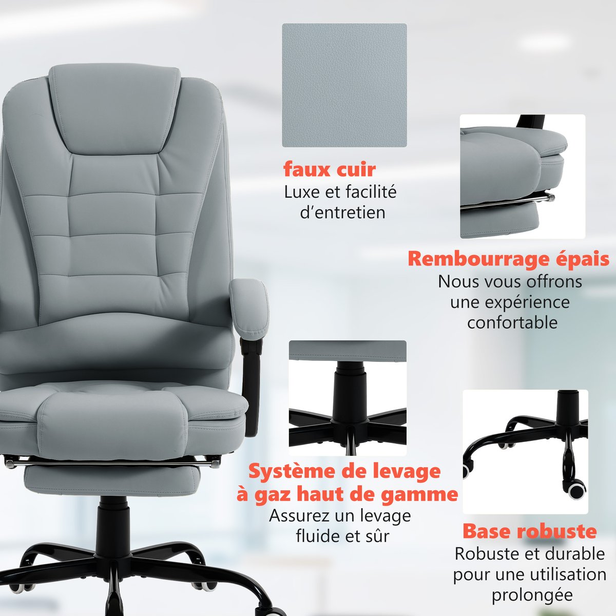 Fauteuil de bureau avec fonction massage gris, HOMCOM