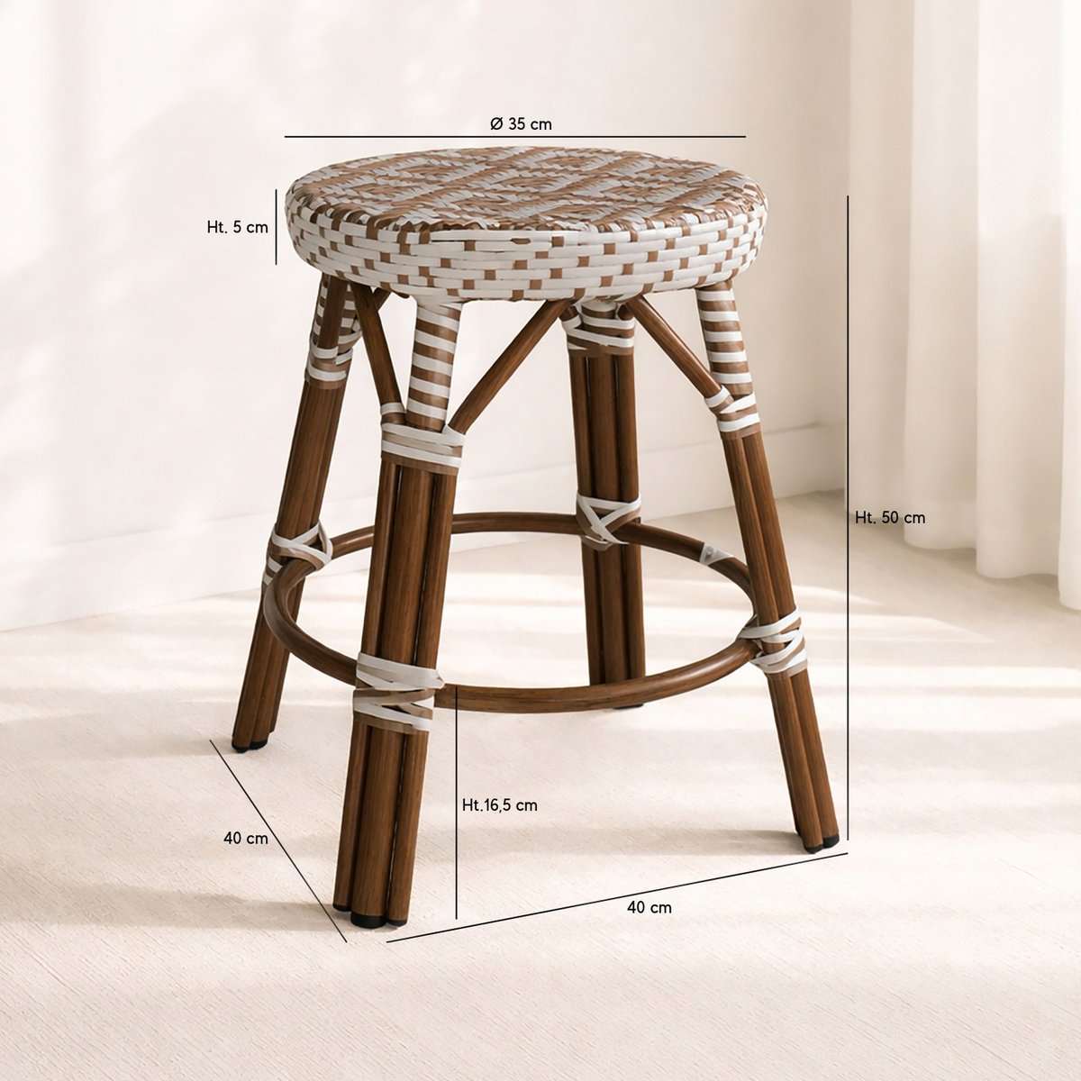Tabouret bas effet rotin naturel, SCALA noisette, NOW'S HOME