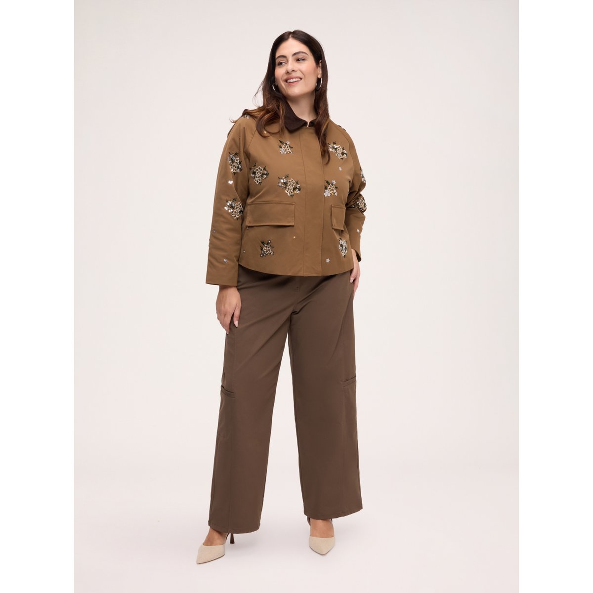 Veste avec broderies florales marron, FIORELLA RUBINO