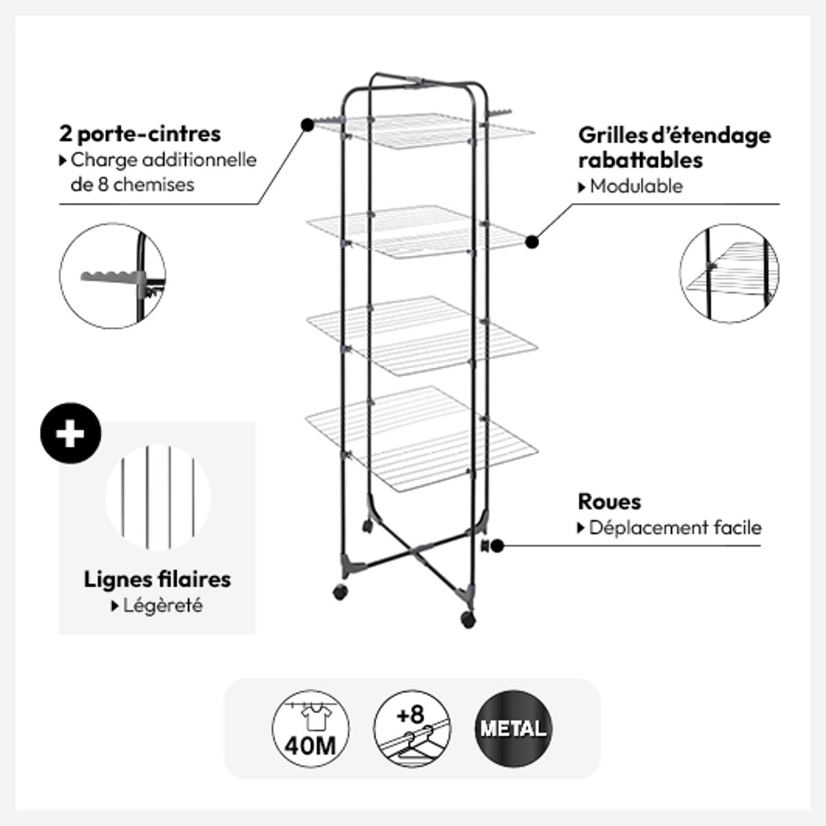 Étendoir à linge pliable tour 40m MOJAVE gris, 5FIVE SIMPLY SMART