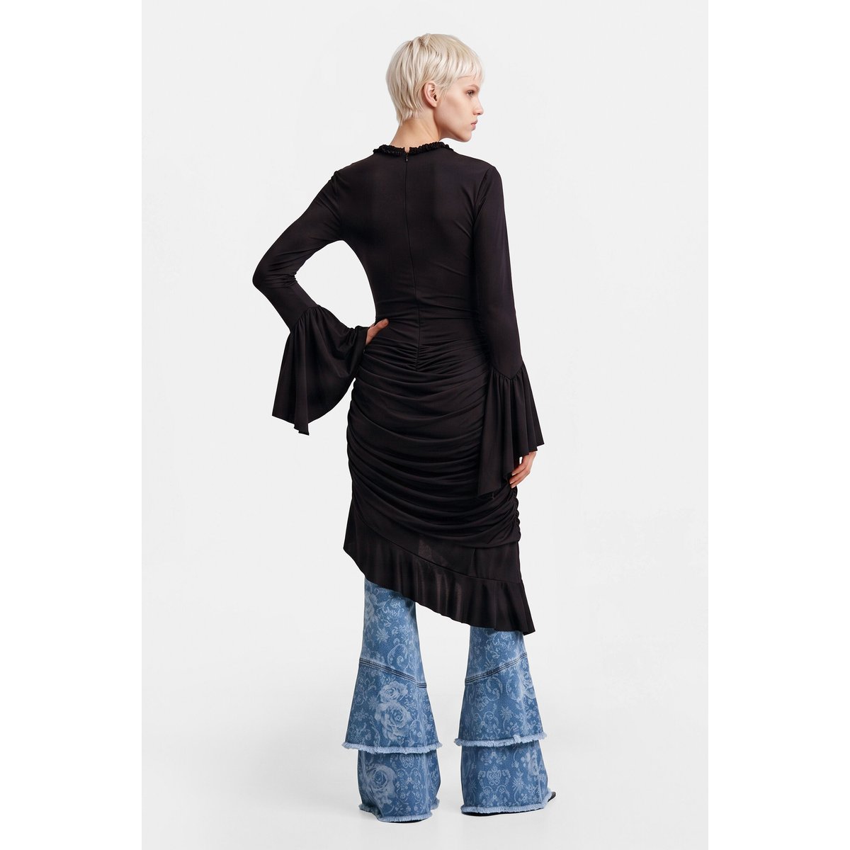 robe asymétrique à manches évasées noir, DESIGUAL