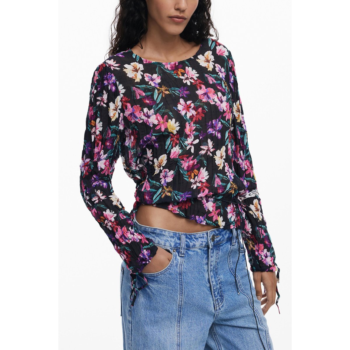 Blouse plissée à fleurs noir, DESIGUAL