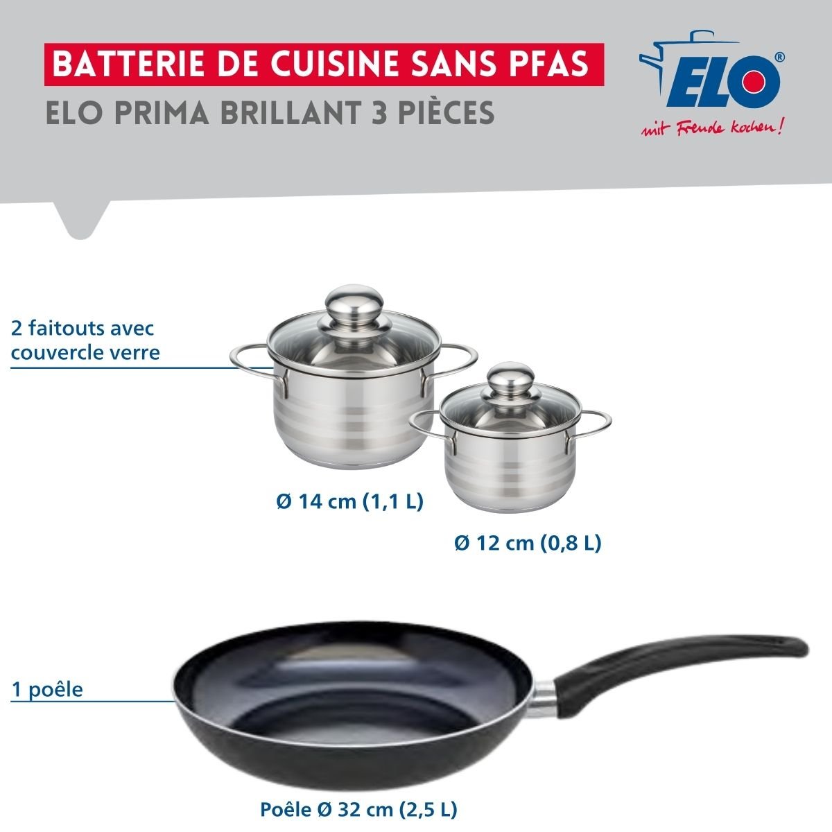 Batterie 1 poêle 32cm + 2 faitouts 12/14cm PRIMA BRILLANT noir, ELO