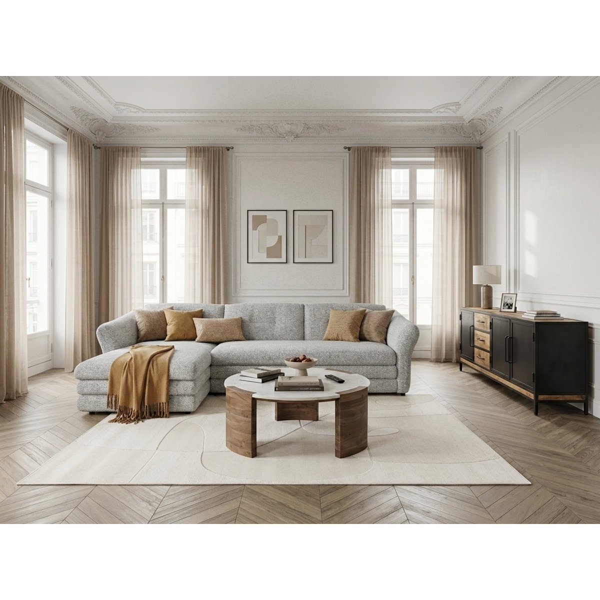 Canapé d'angle fixe 4 places en tissu chiné, MARBLE gris, BOBOCHIC