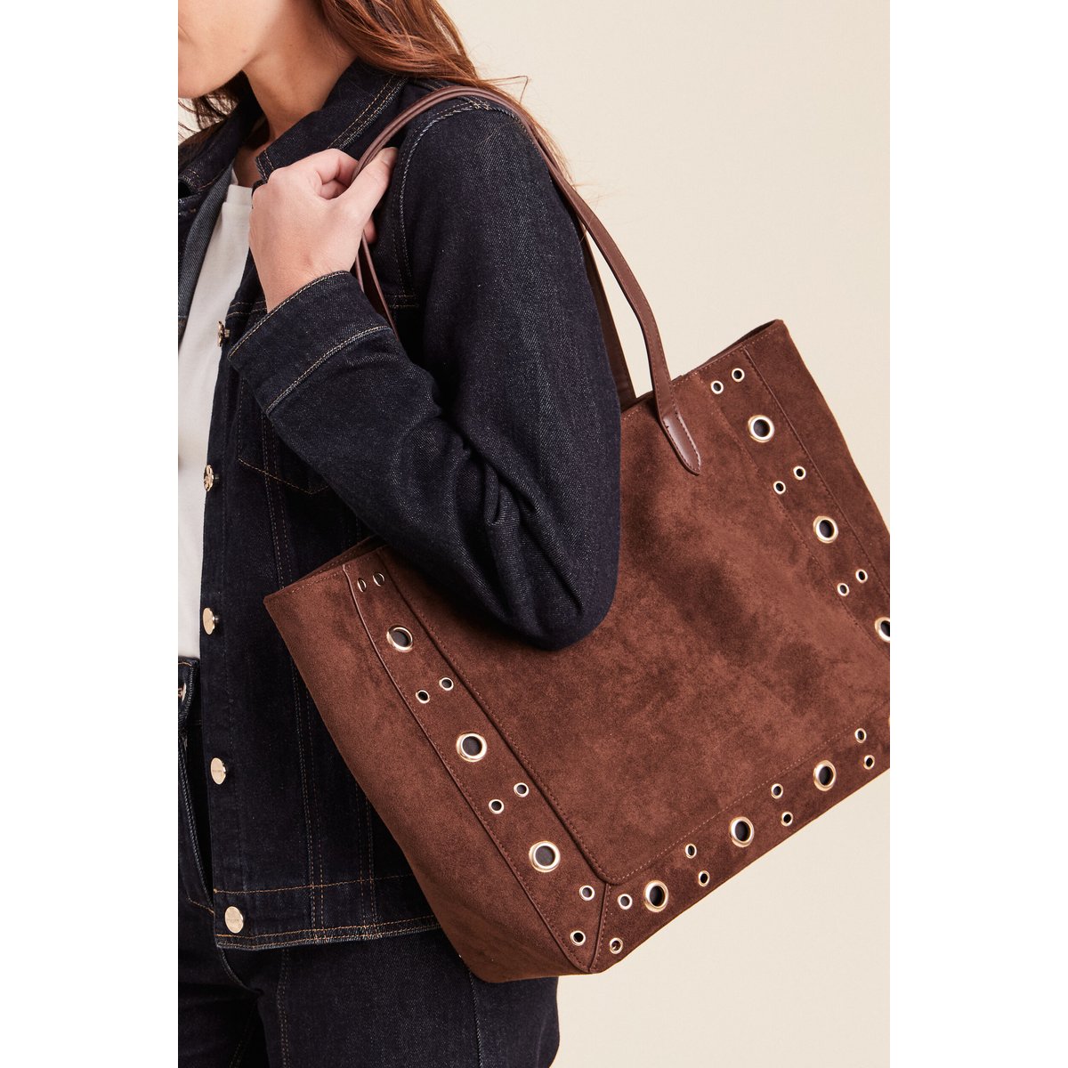 Sac cabas aspect daim doublé marron foncé, BREAL