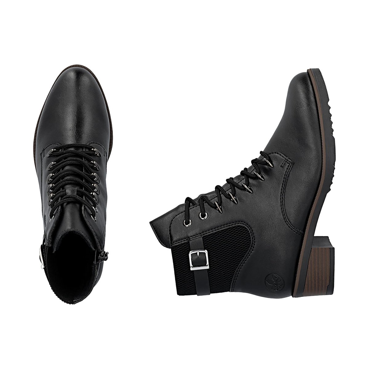 Bottines noires à talon décroché moyen avec des lacets et un zip latéral noires, RIEKER