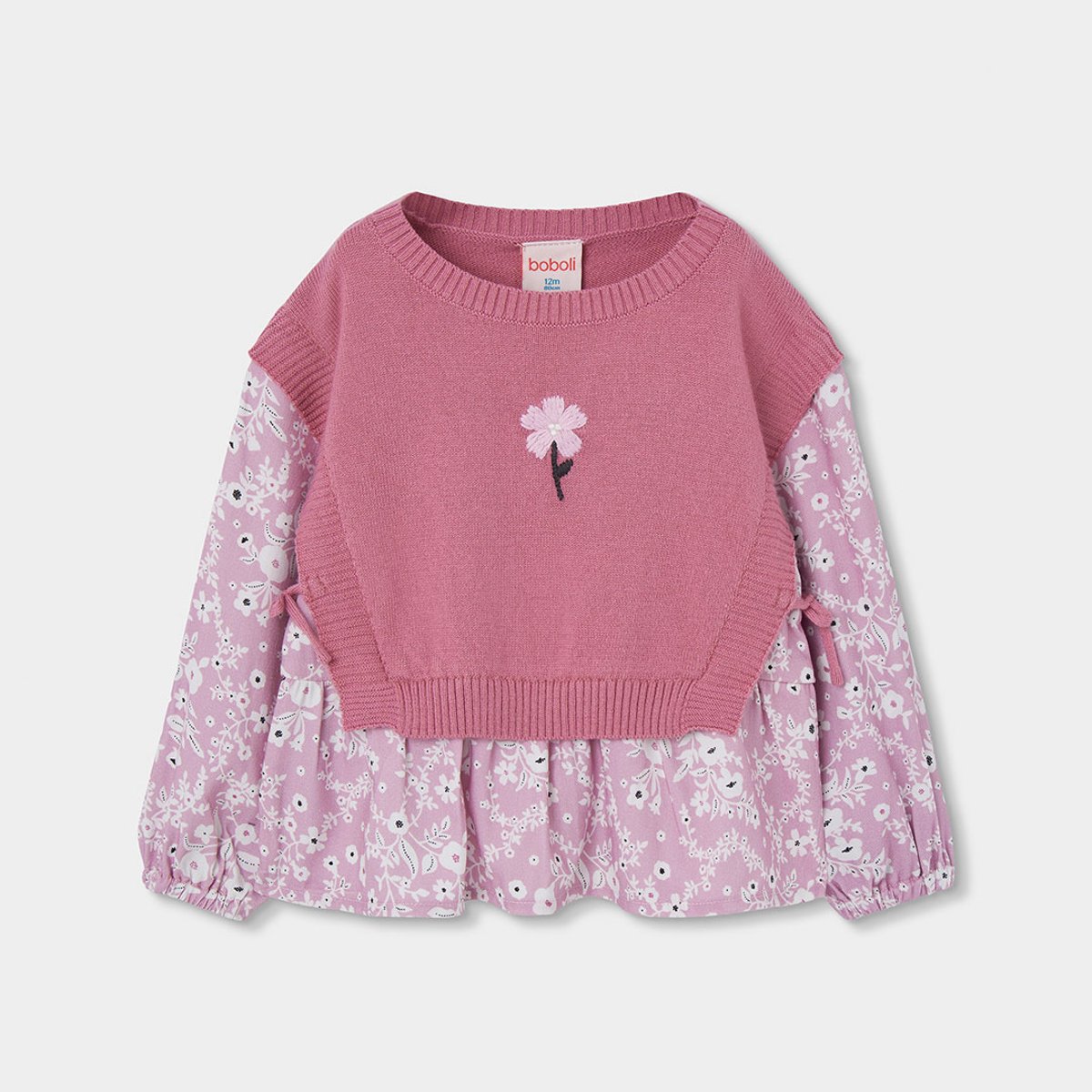 Pull fille combiné imprimé fleurs rose, BOBOLI